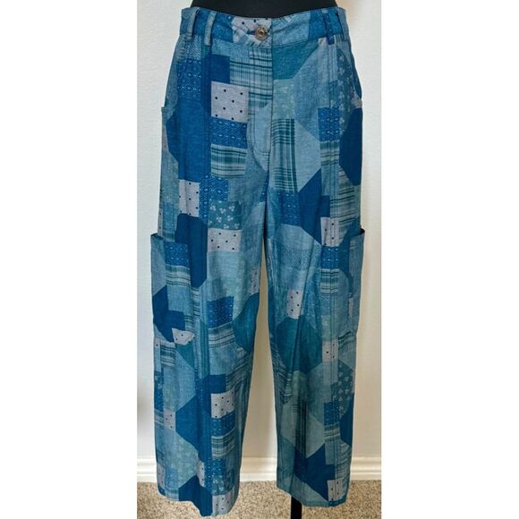 Johnny Was Workshop Pants - Johnny Was Workshop Pants Women Size 6 Blue Patchwork Wide Leg Trousers 70s Boho